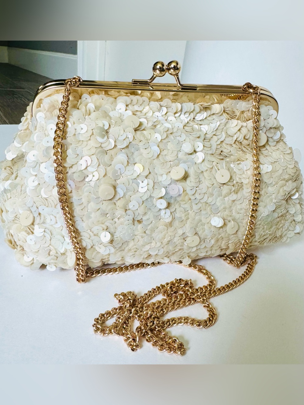 NWOT Ann Taylor Studio Collection Sequin Frame Clutch Bag Ivory with Gold Chain